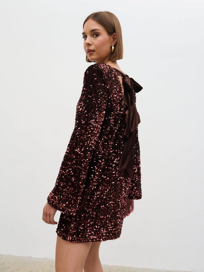 Pretty Lavish - Brown Bow Sequin Mini Dress