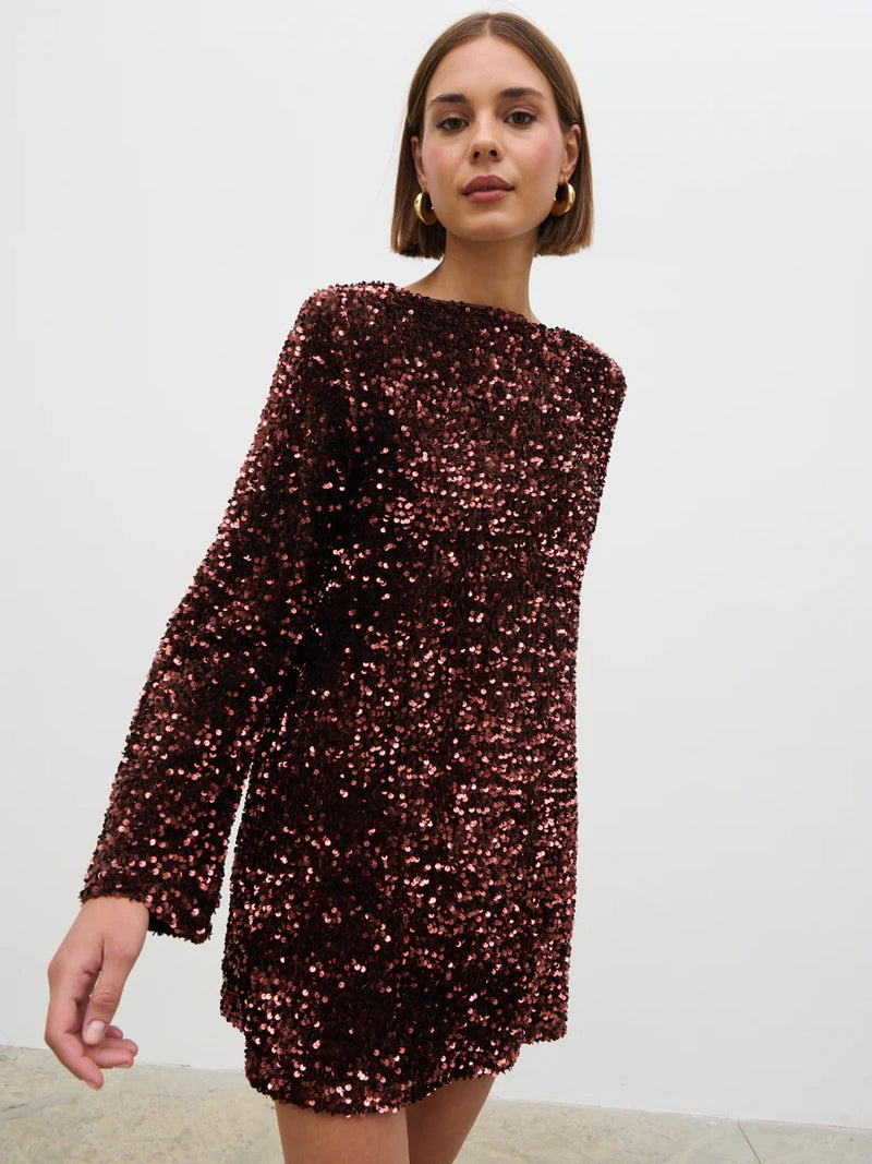 Pretty Lavish - Brown Bow Sequin Mini Dress