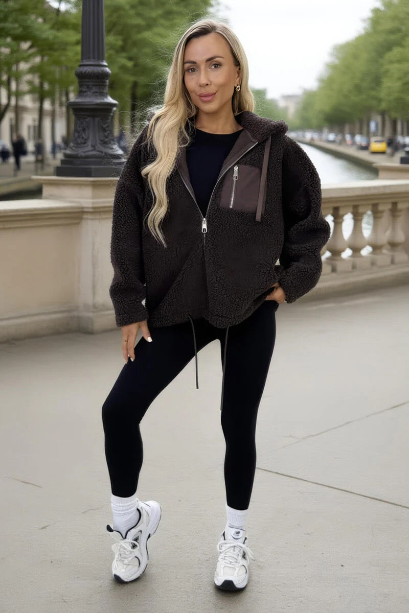 Chocolate Pocket Detail Hooded Teddy Jacket