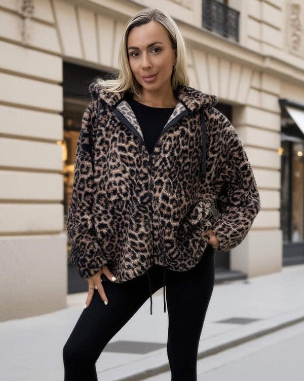Leopard Print Drawstring Hooded Teddy Jacket