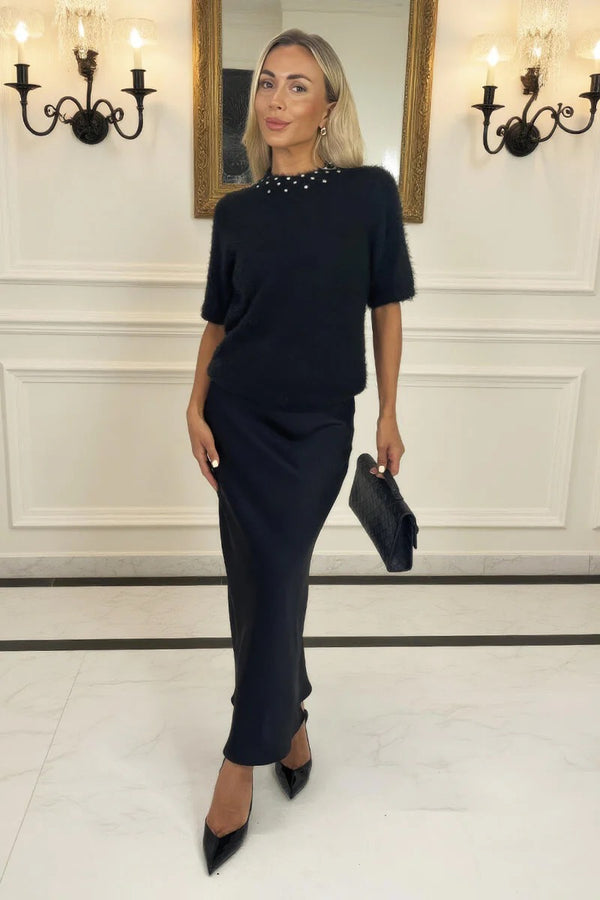 Black Embellished Neck Fluffy Knit