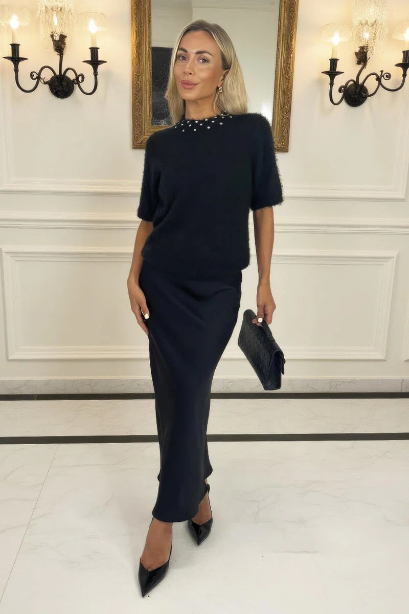 Black Embellished Neck Fluffy Knit