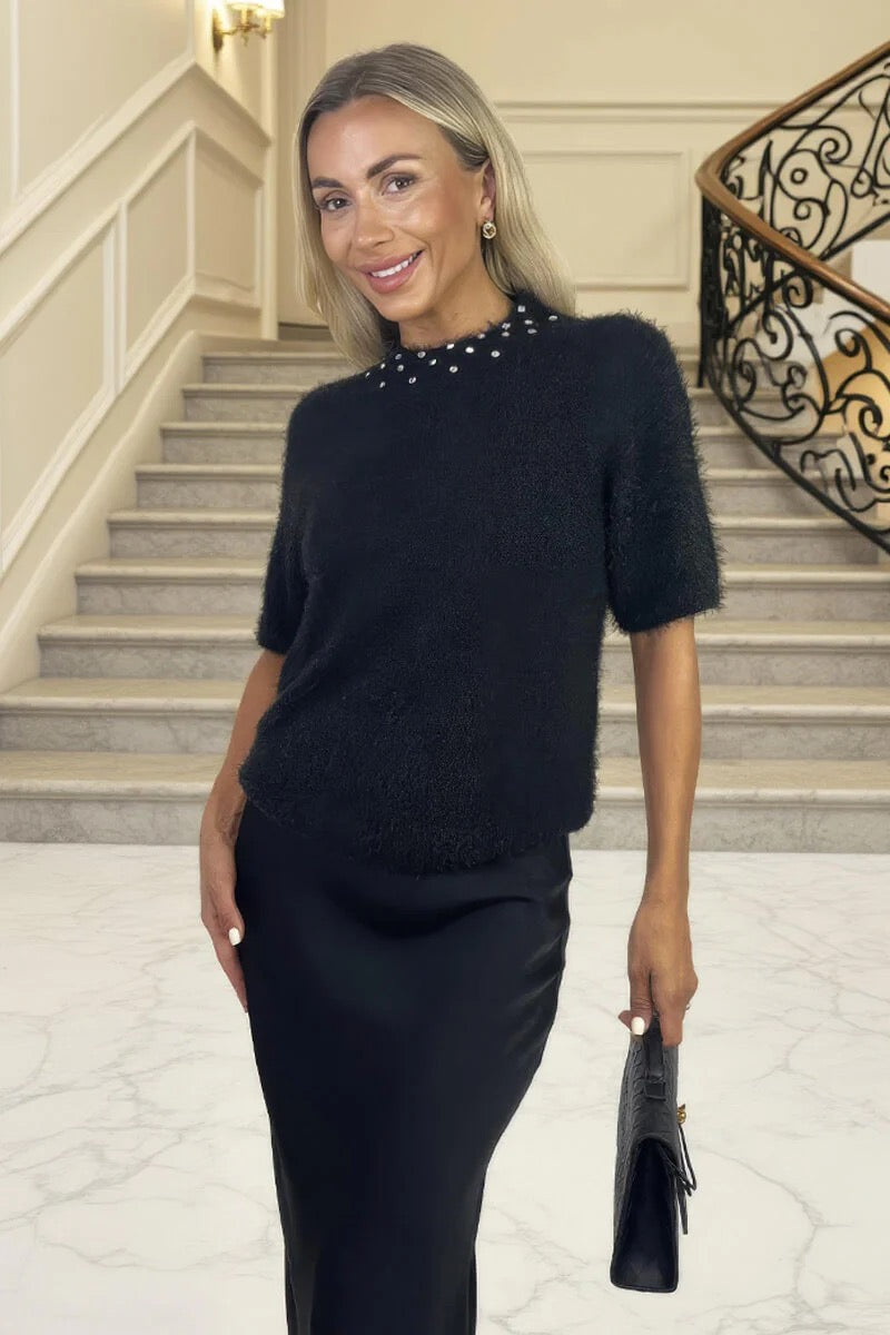 Black Embellished Neck Fluffy Knit