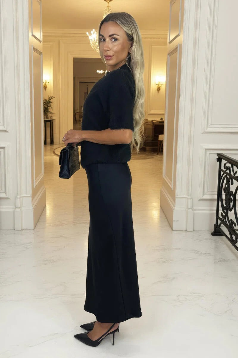 Black Embellished Neck Fluffy Knit