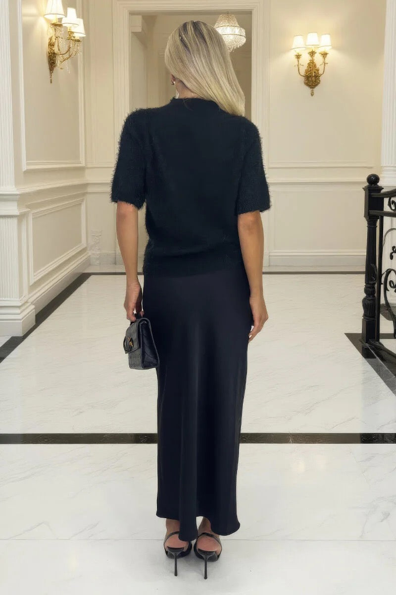 Black Embellished Neck Fluffy Knit