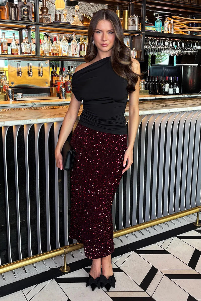Wine Velvet Sequin Midi Skirt