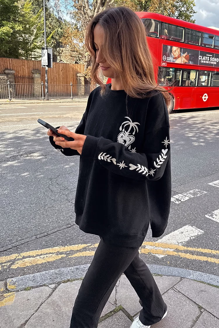 Never Fully Dressed - Black Sweatshirt with Ecru Embroidery