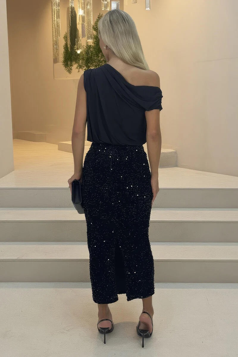 Black Velvet Sequin Midi Skirt