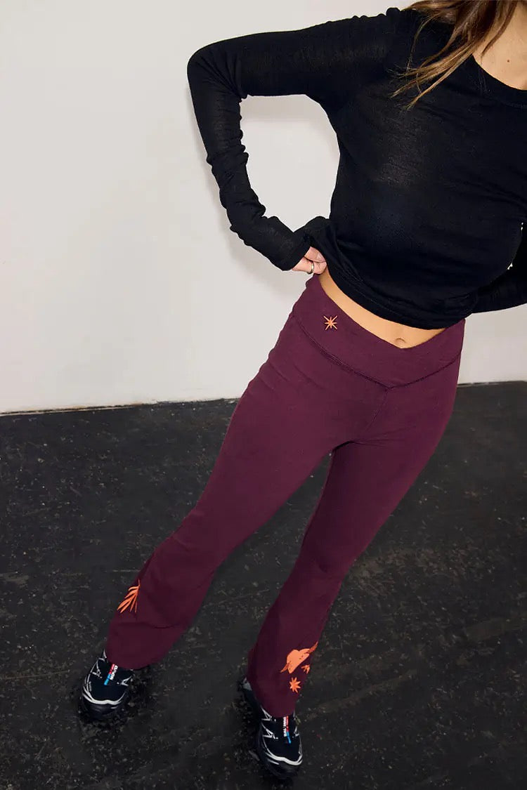 Never Fully Dressed - Burgundy Cotton Wide Leg Pants with Coral Embroidery