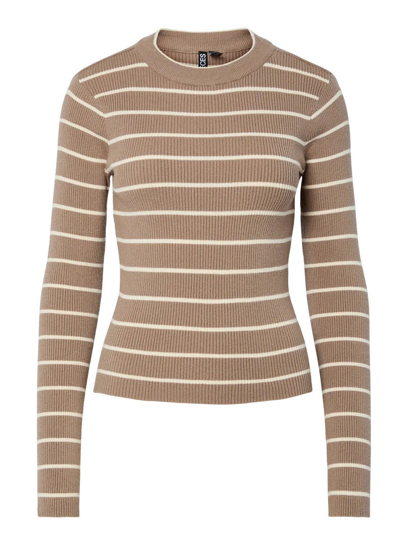 PIECES - Beige Stripe Ribbed Knit Top