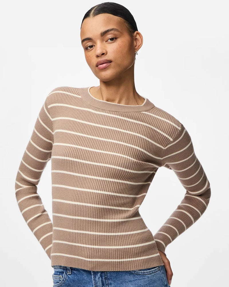 PIECES - Beige Stripe Ribbed Knit Top