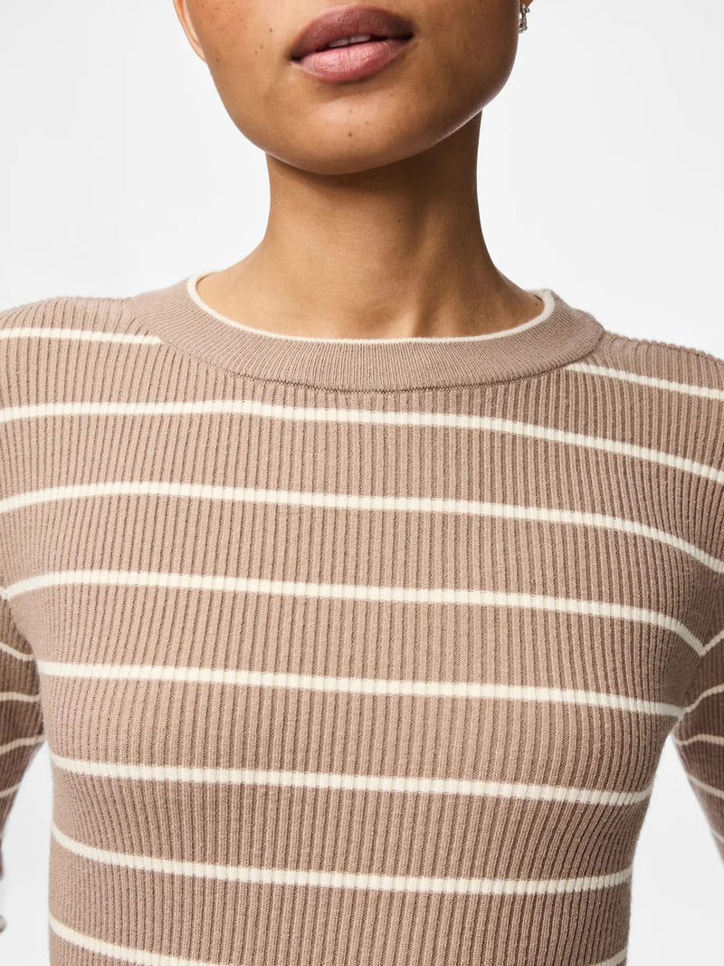 PIECES - Beige Stripe Ribbed Knit Top