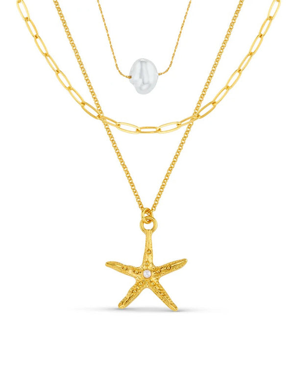 ORELIA - Starfish & Pearl 3 Row Necklace