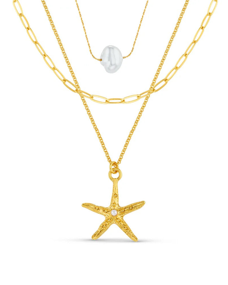 ORELIA - Starfish & Pearl 3 Row Necklace