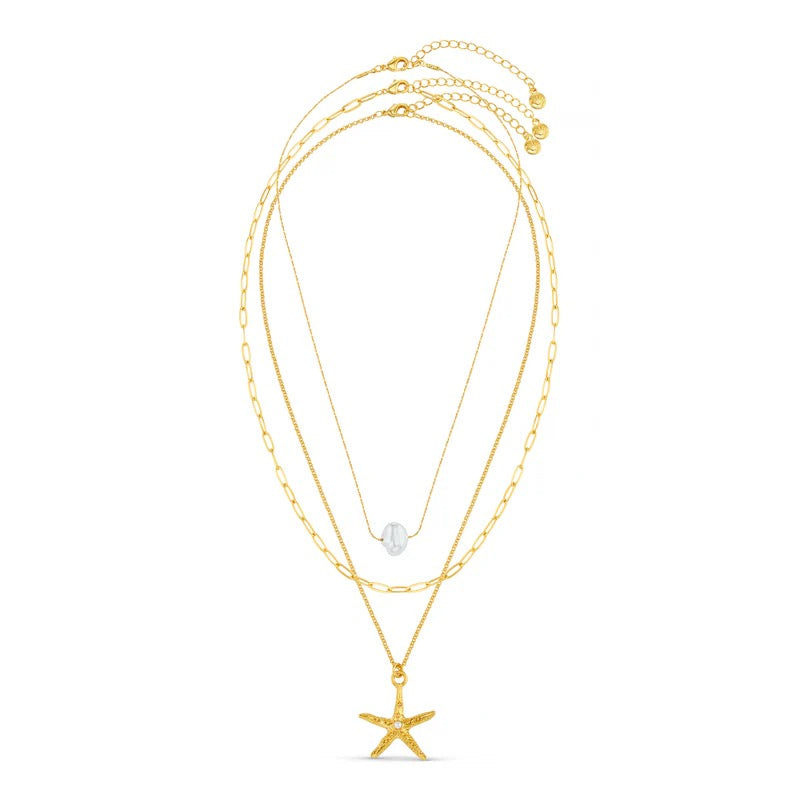ORELIA - Starfish & Pearl 3 Row Necklace
