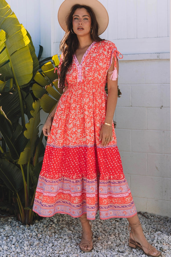 Aelia - Red Floral Tassel Dress