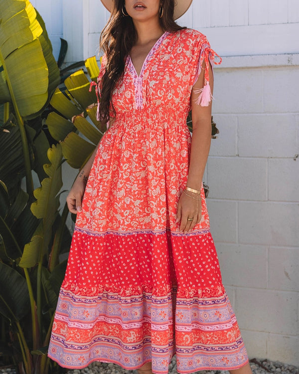 Aelia - Red Floral Tassel Dress