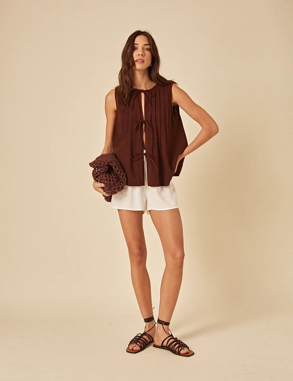 Nobody's Child - Brown Linen-blend Tie Front Top