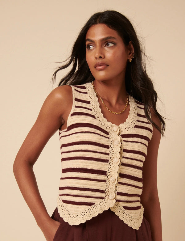 Nobody's Child - Cream And Red Striped Knitted Waistcoat