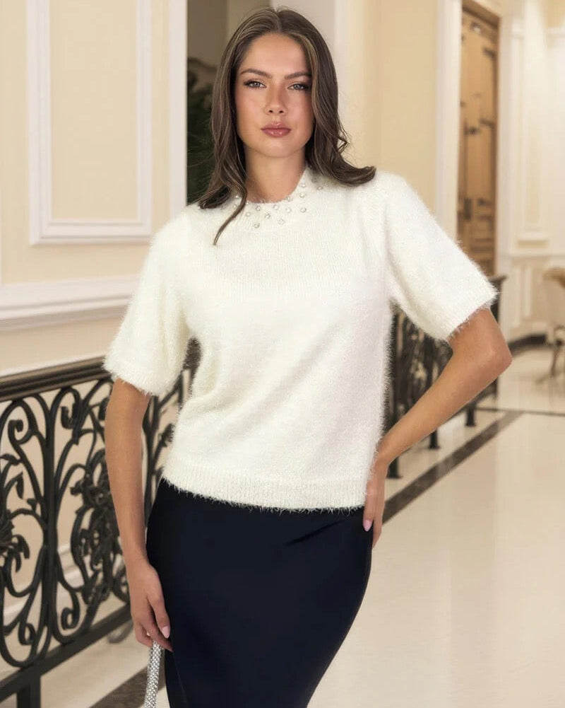 Cream Embellished Neck Fluffy Knit Top