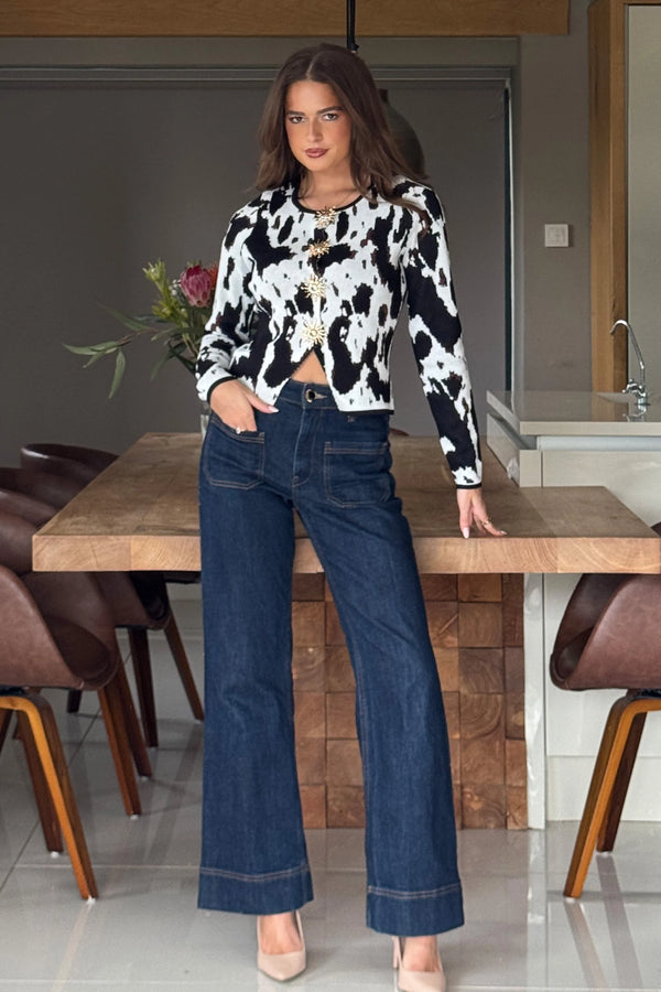 Haddie Cow Print Knitted Cardigan Black