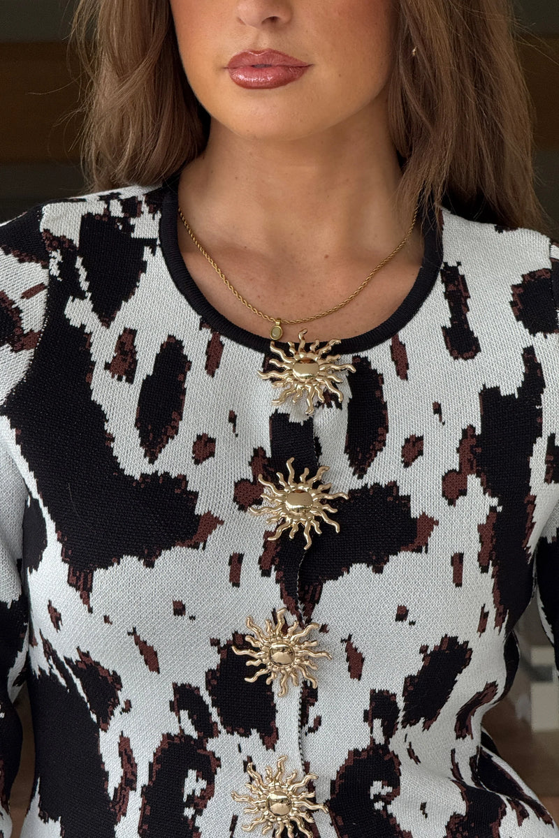 Haddie Cow Print Knitted Cardigan Black