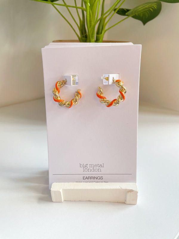 Big Metal London Gold/Orange Twist Hoop Earrings